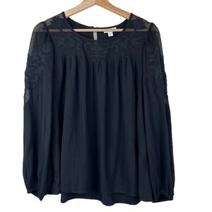 J Jill Petite Black Long Sleeve Sheer Lace‎ Yoke Blouse Top Size S